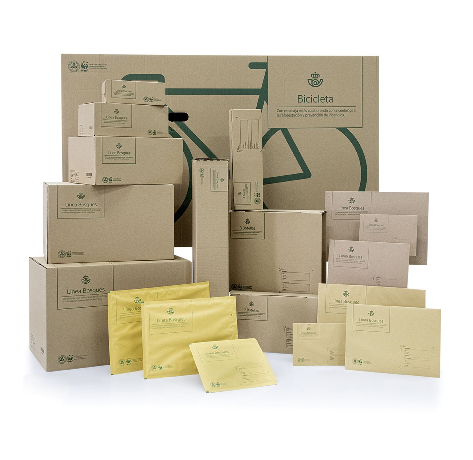Diferentes modelos de embalajes de Correos de la ‘Línea Bosques’.