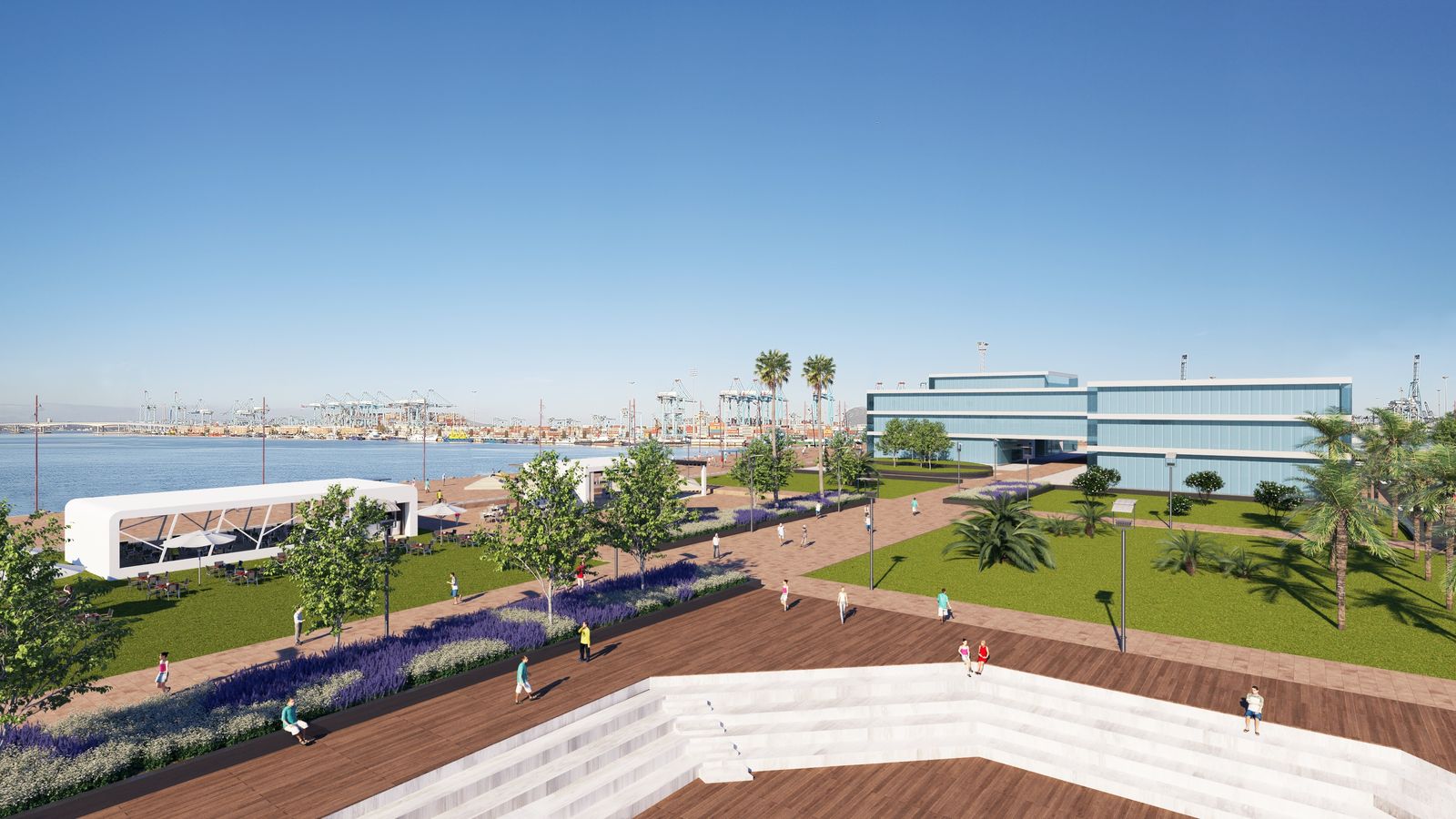 Recreación del futuro edificio portuario en el Llano Amarillo.