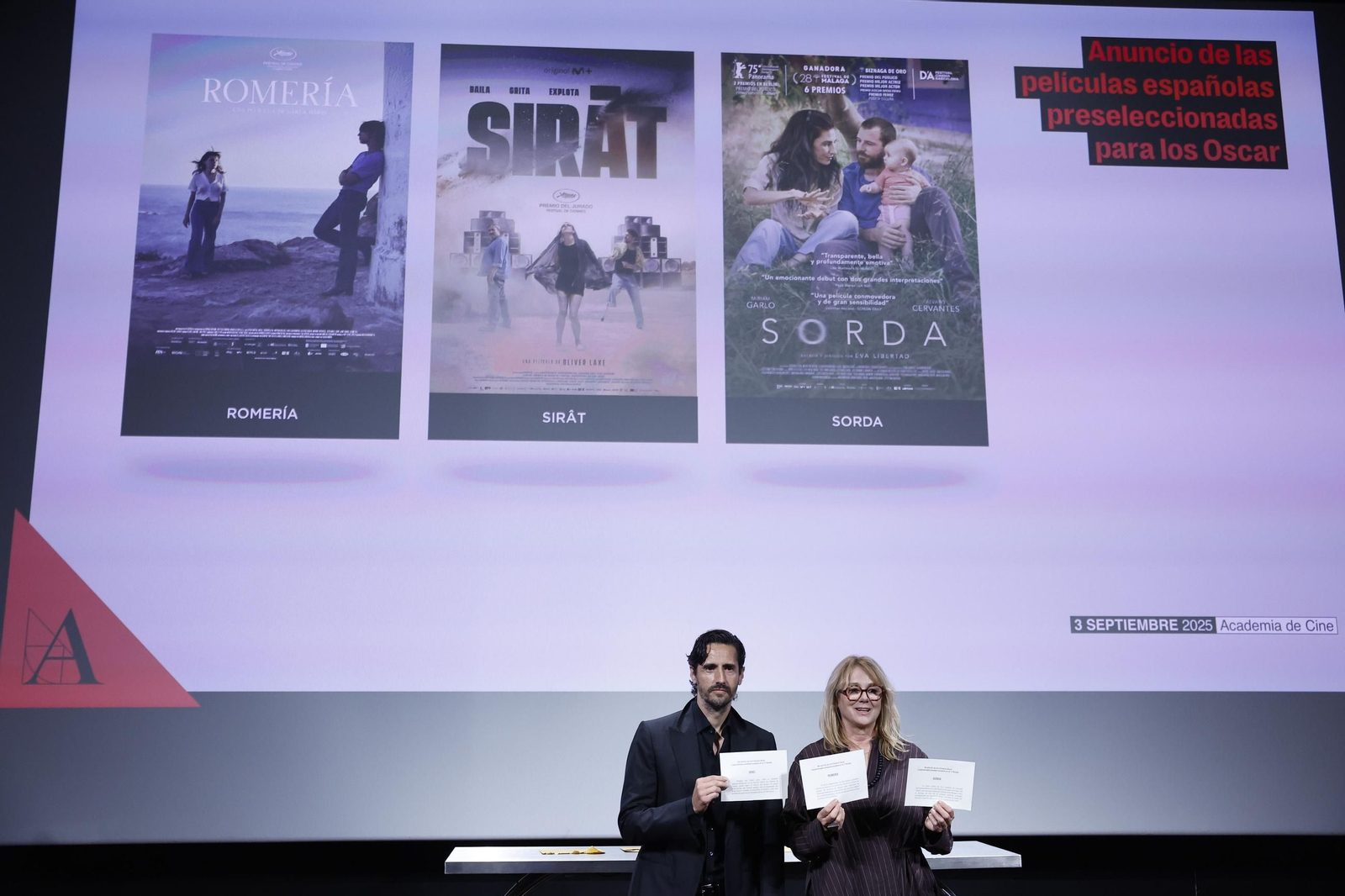 La actriz Emma Suárez y el actor Juan Diego Botto descubren el nombre de las tres películas preseleccionadas para optar a representar a España en los Óscar.