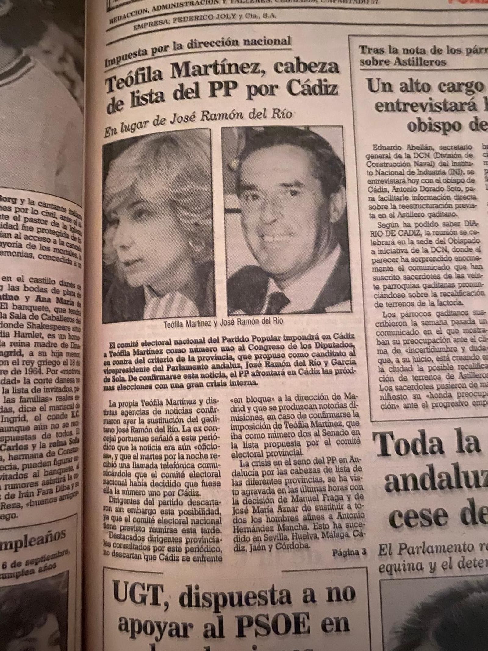 Primera página de la edición de Diario de Cádiz del 7 de septiembre de 1989 con el anuncio de que Teófila Martínez encabezaría la candidatura del PP gaditano al Congreso.