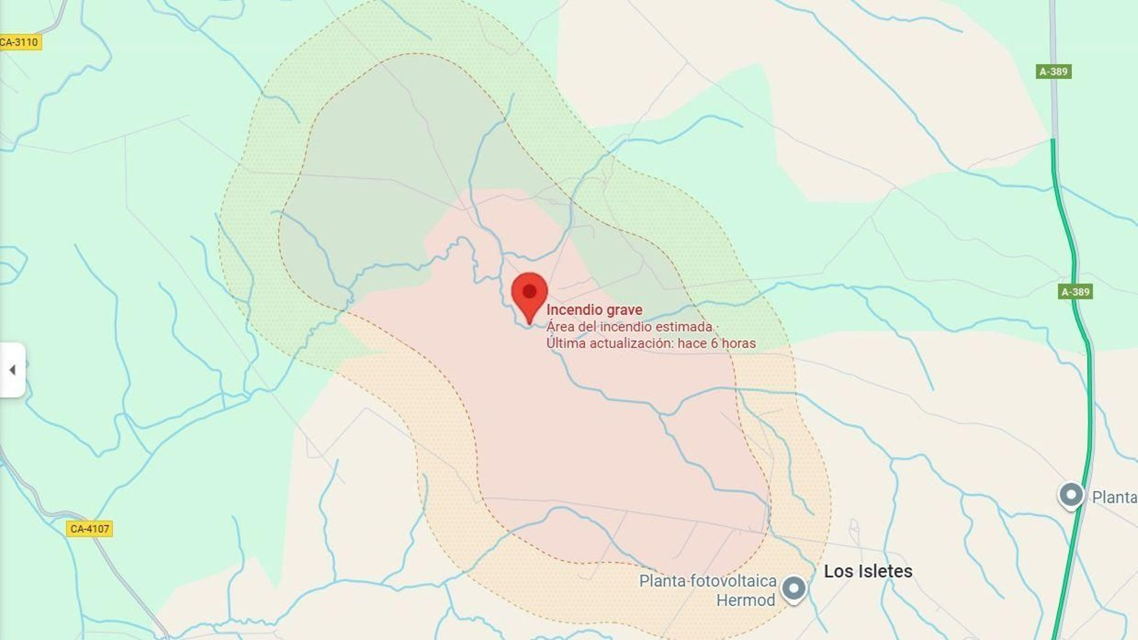 Imagen de Google Maps en la que puede verse el área afectada por los incendios de la zona rural.