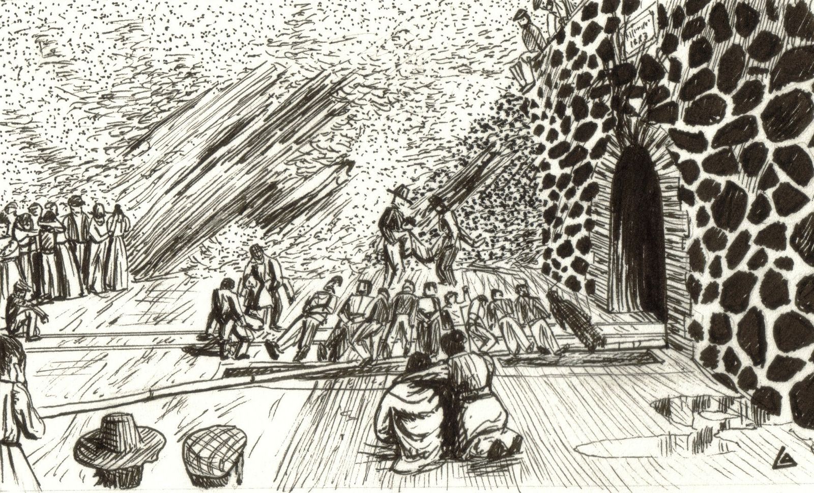 Cadáveres alienados en la vía de salida del Socavón 200. Ilustración de Luis Alfonso Morales.