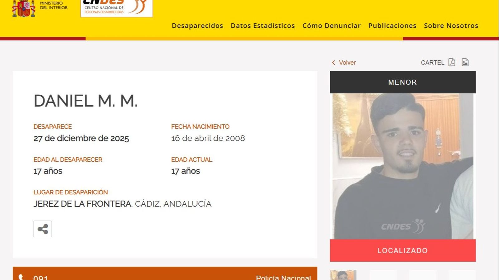 Ficha del Centro Nacional de Personas Desaparecidas de España confirmando su localización.