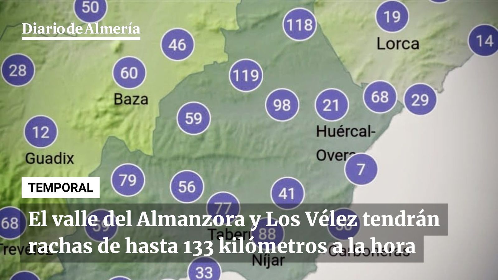 Mapa de rachas máximas de viento previsto por la AEMET, con valores más elevados en el interior norte de Almería y aviso rojo activo en el Valle del Almanzora y la Sierra de los Vélez.