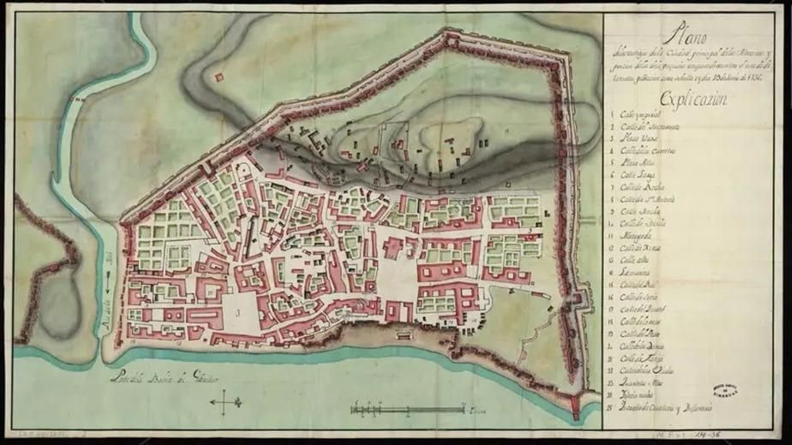 El conocido plano de 1736. Vemos como todavía no se ha edificado en la acera este de la calle Imperial o del Convento, y aún no se plantea el paso entre esta y la actual avenida del capitán Ontañon, todavía en 1736 obstaculizado por las entonces visibles ruinas de la puerta de Gibraltar.
