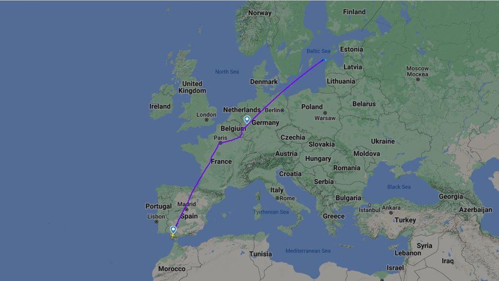 Recorrido desde el Aeropuerto de Jerez hasta el Mar Báltico.