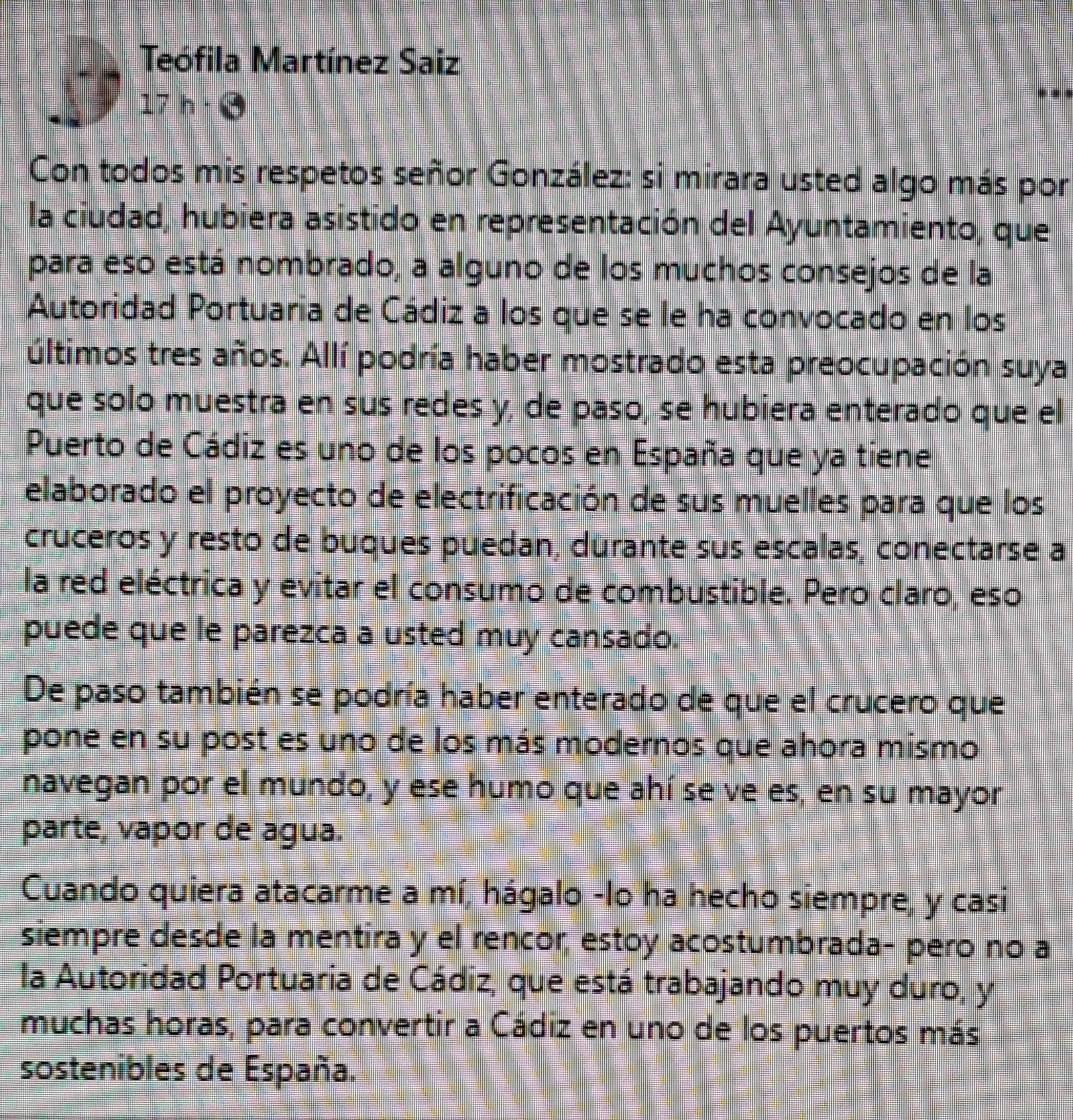 Mensaje de Teófila Martínez en respuesta al alcalde de Cádiz