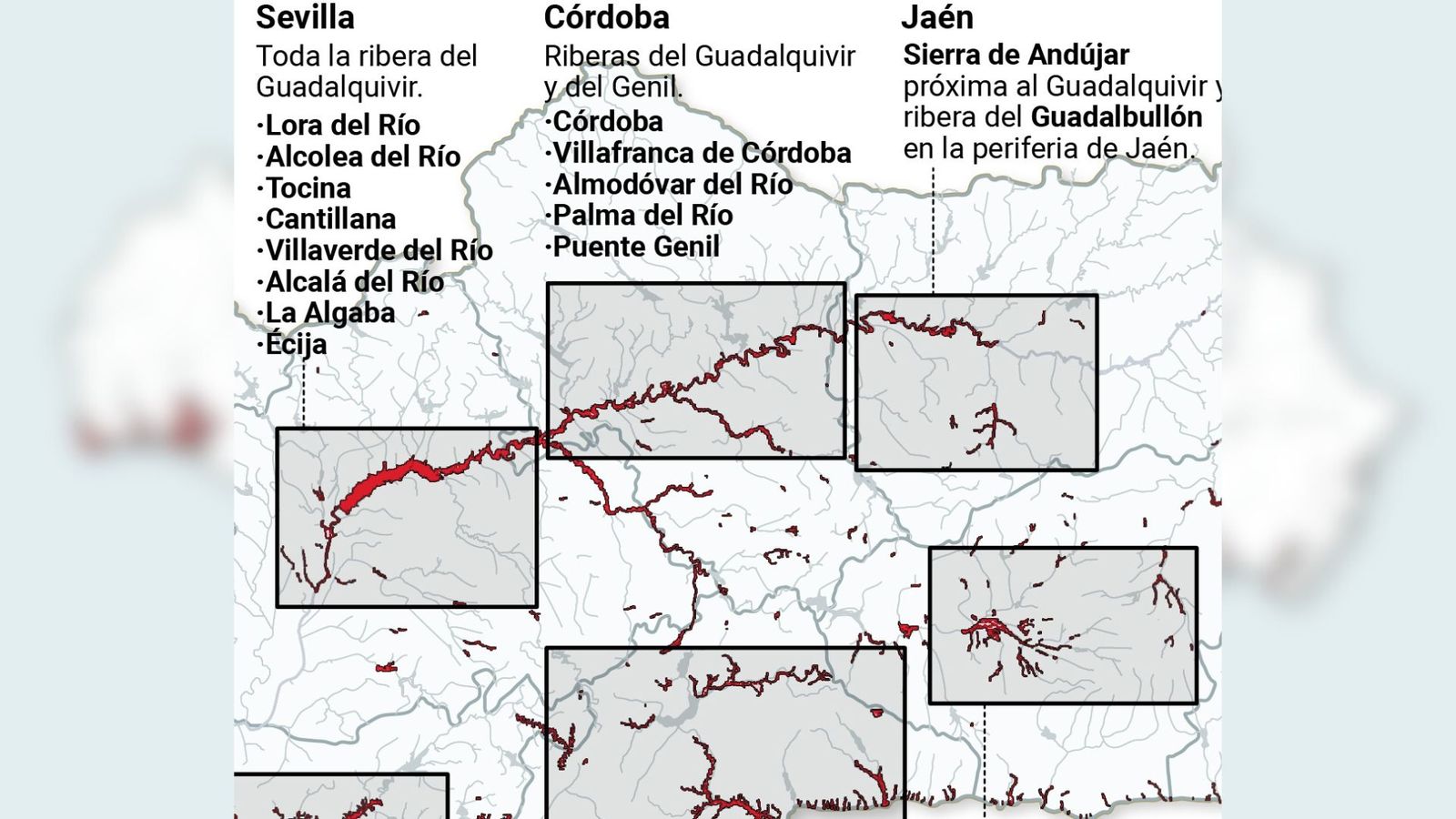 Mapa de la lámina de inundación de alta probabilidad en las provincias de Sevilla, Córdoba, Jaén y Granada.