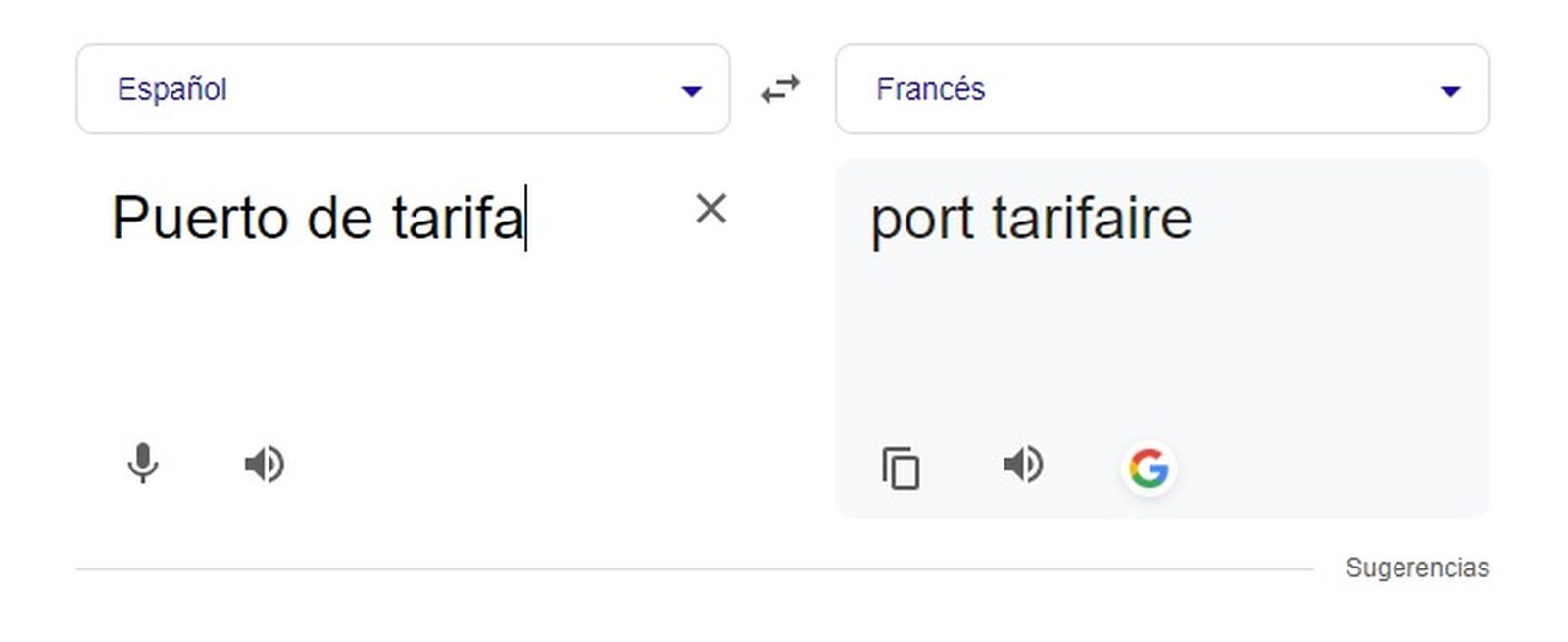 Traductor de Google español-francés para 'Puerto de Tarifa'