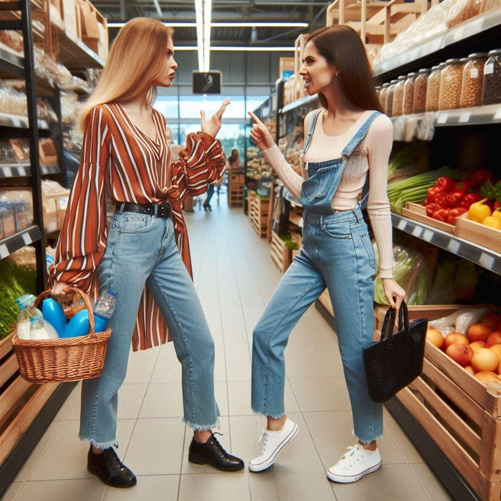 Dos mujeres discuten en un supermercado, en una imagen generada por IA.