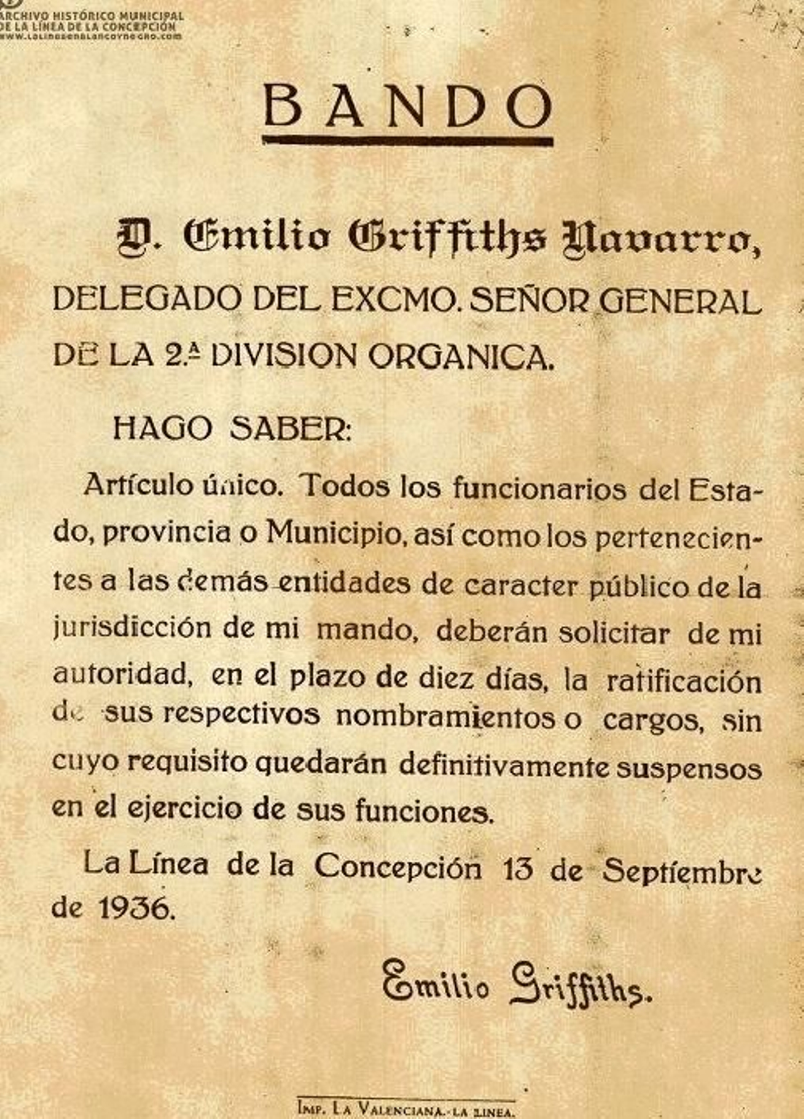 Bando de Emilio Griffiths de septiembre de 1936.