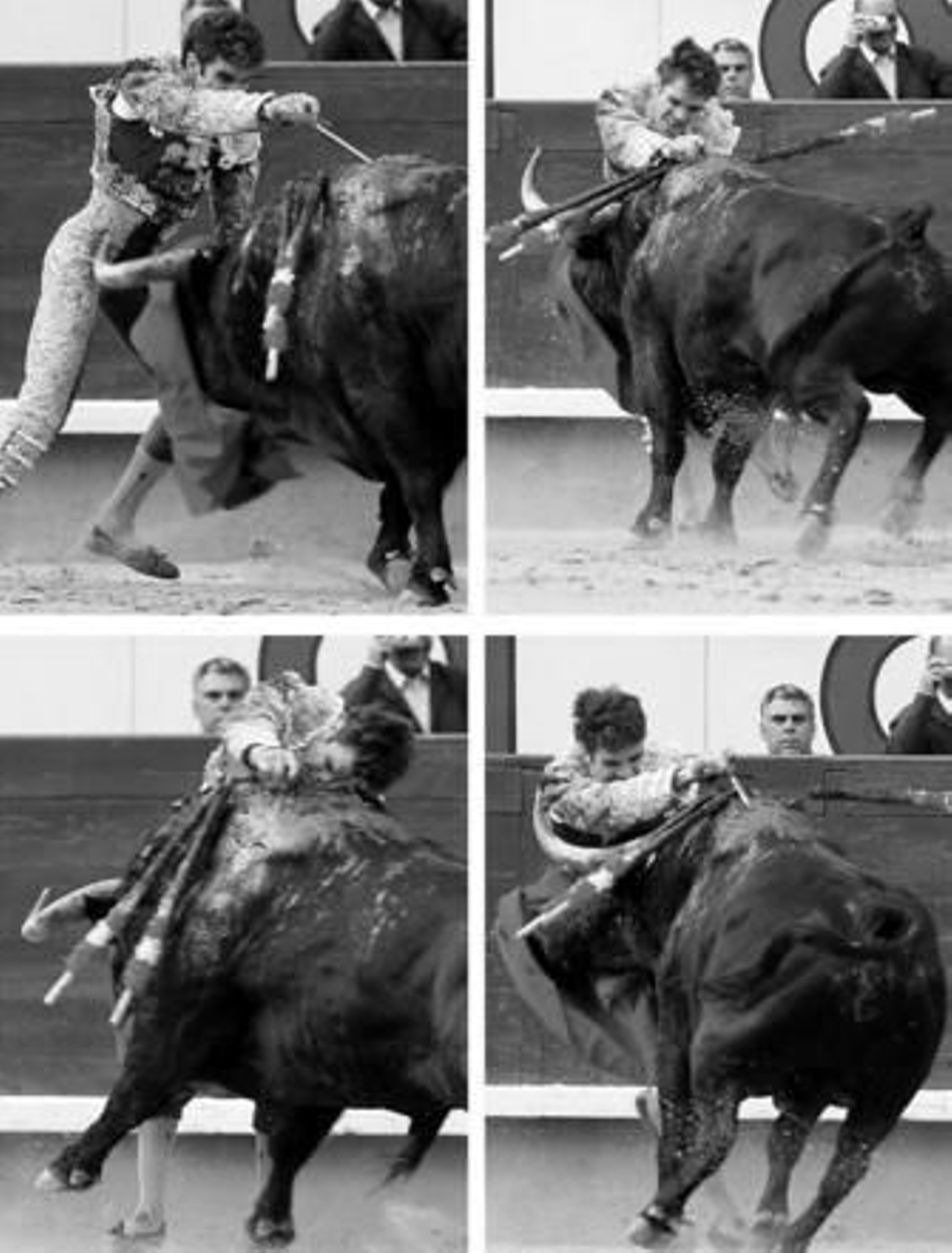 Secuencia de la estocada de José Tomás a su primer toro, al que desorejó, escapando de una cornada cierta.