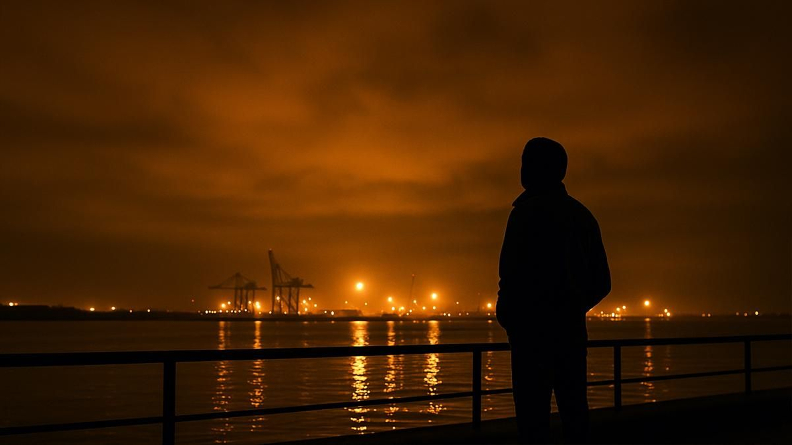 Un hombre mira al horizonte al anochecer.