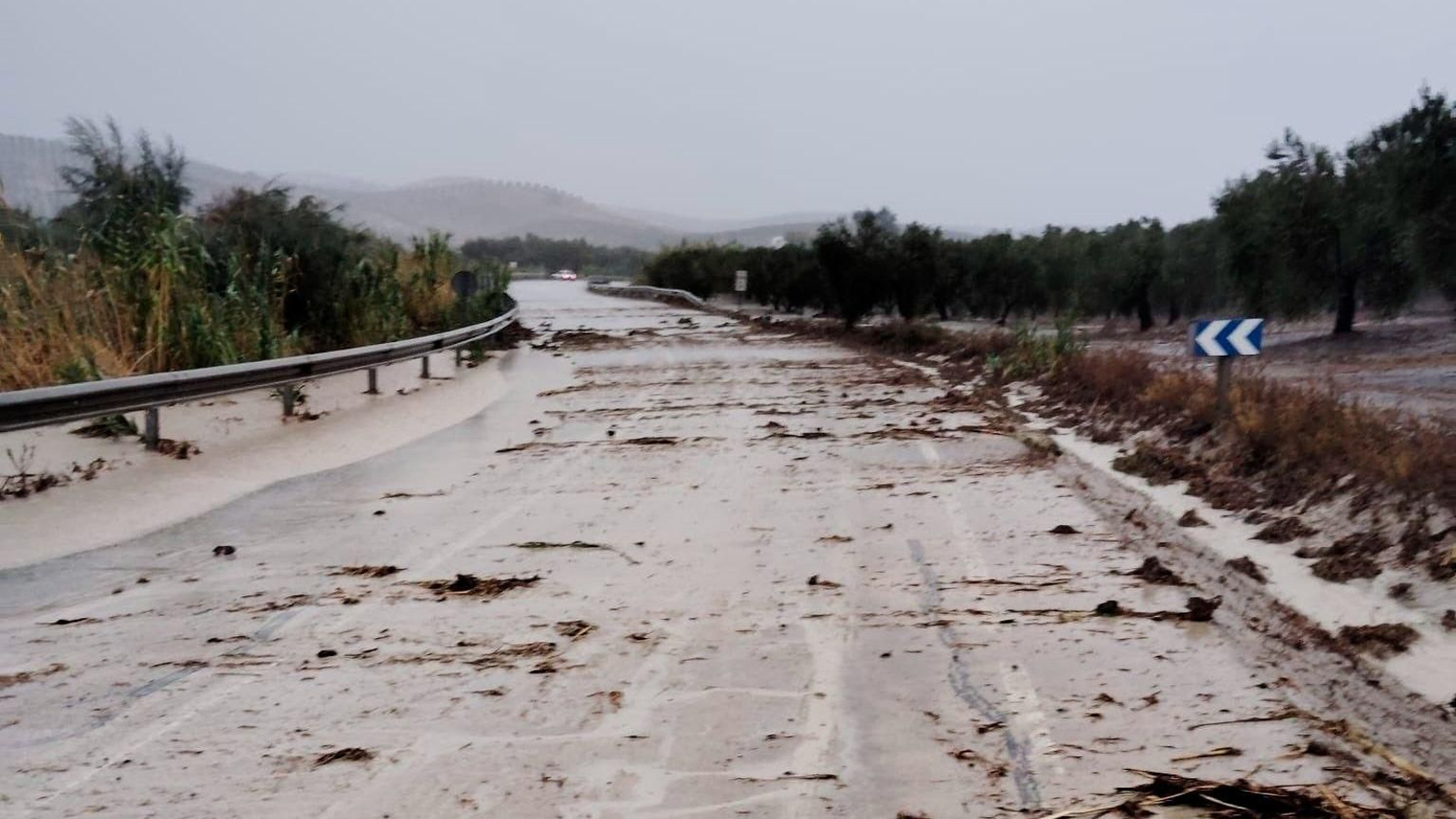 Carretera de la provincia de Córdoba afectada por los efectos de la borrasca Benjamín.