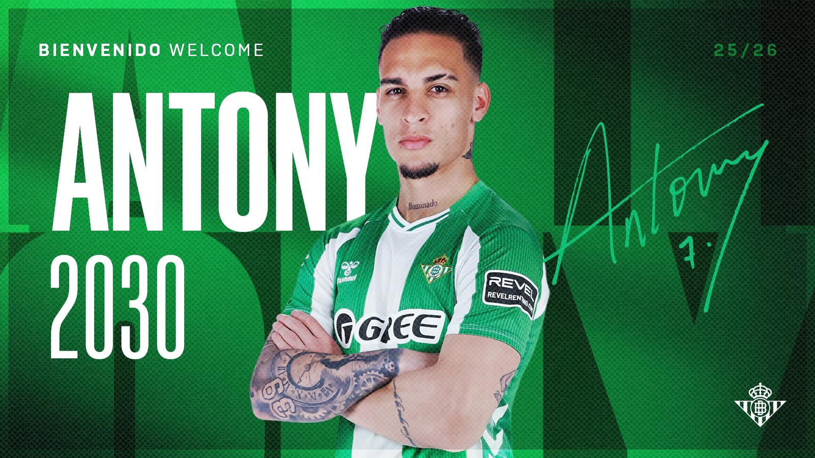 Imagen del Betis anunciando el fichaje de Antony.