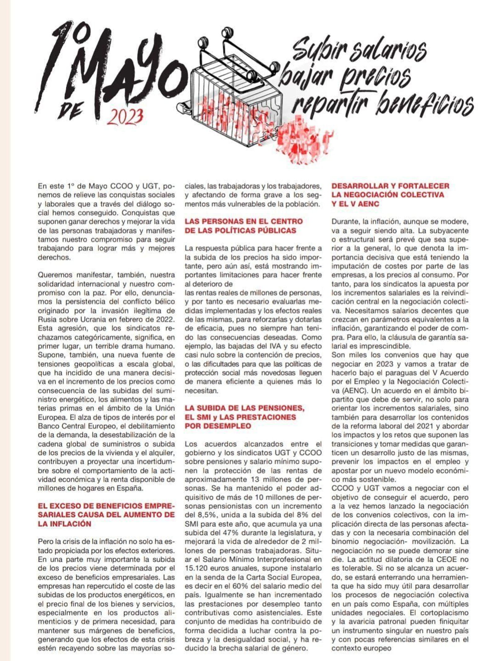 El manifiesto conjunto de CCOO-UGT de este Primero de Mayo de 2023. El manifiesto conjunto de CCOO-UGT de este Primero de Mayo de 2023.