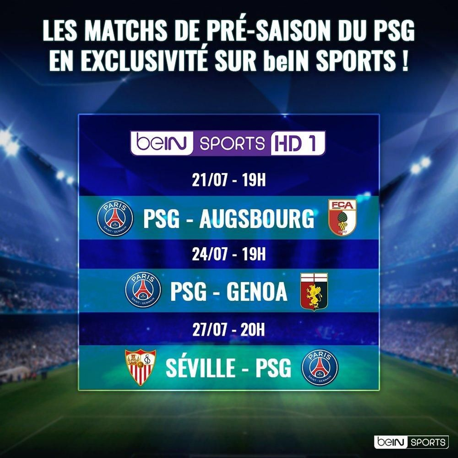 Carátula de beIn Sports con los partidos de pretemporada del PSG.