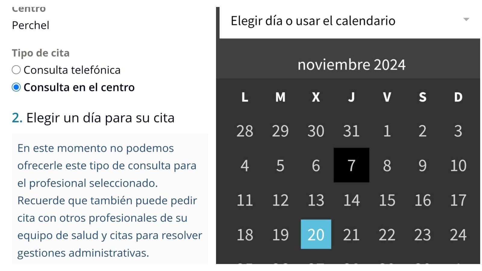 Imposibilidad de una cita en Alameda-Perchel (primera imagen) y demora de 13 días en Delicias (segunda imagen).