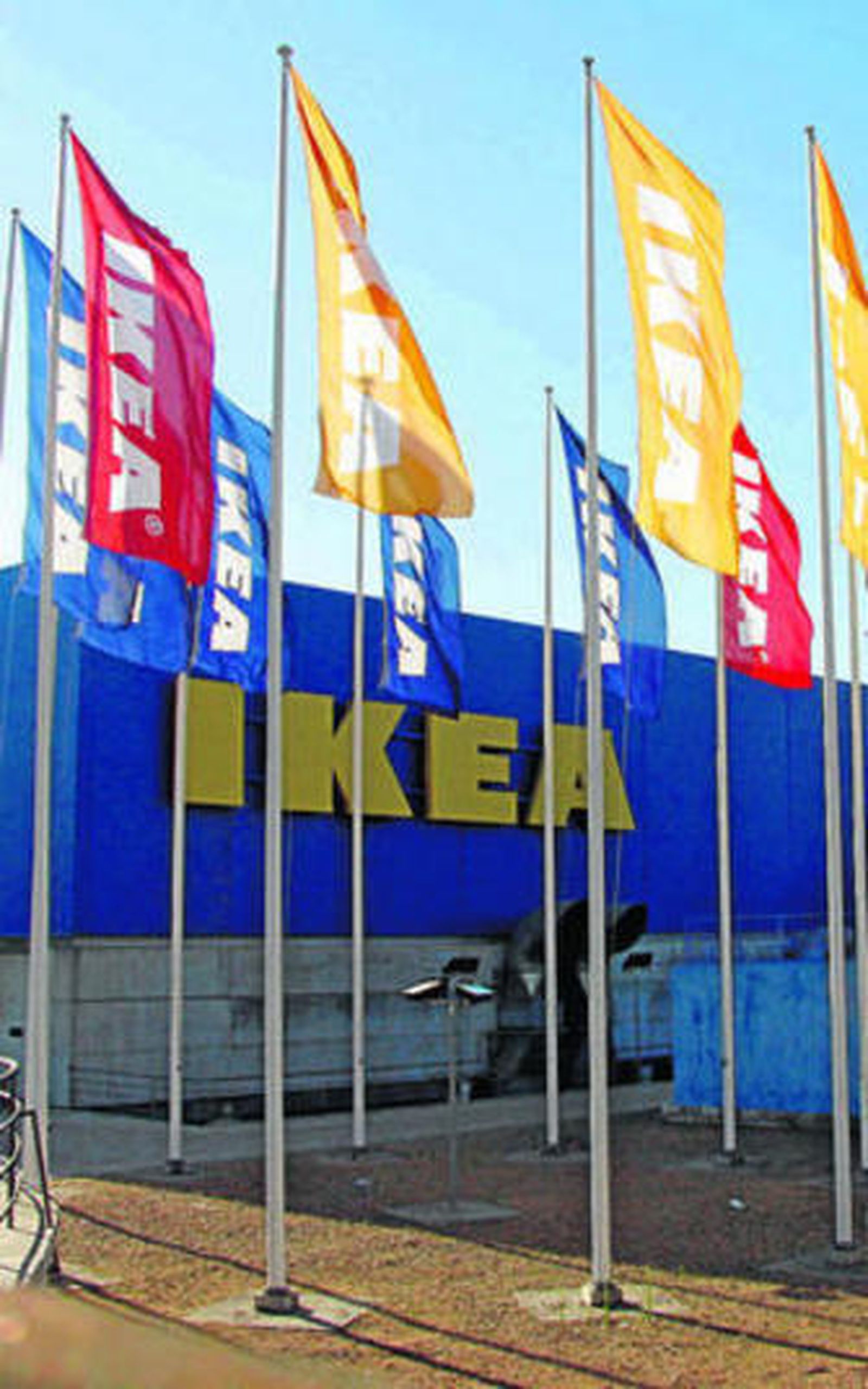 Banderas en la entrada de la tienda, en el Aljarafe.