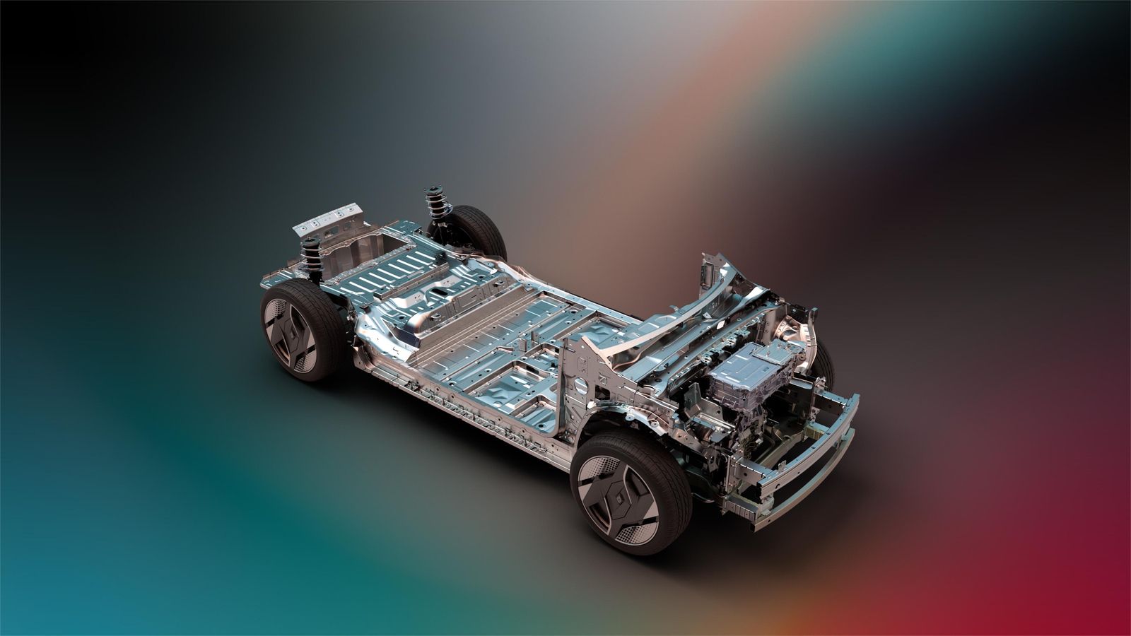 La distancia entre ejes es considerablemente larga en este Renault en proporción a su longitud. Entre ambos ejes se sitúan las baterías que ocupan el mismo espacio independientemente de su capacidad.