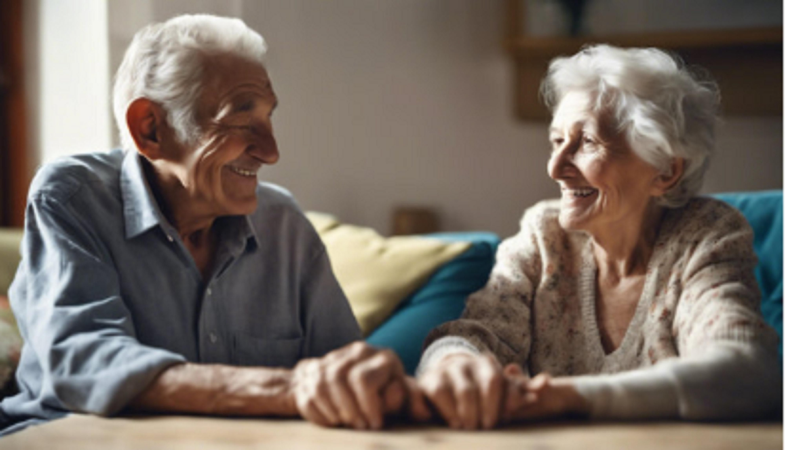 Dos personas mayores cogidas de la mano sonríen mientras le toman una fotografía.