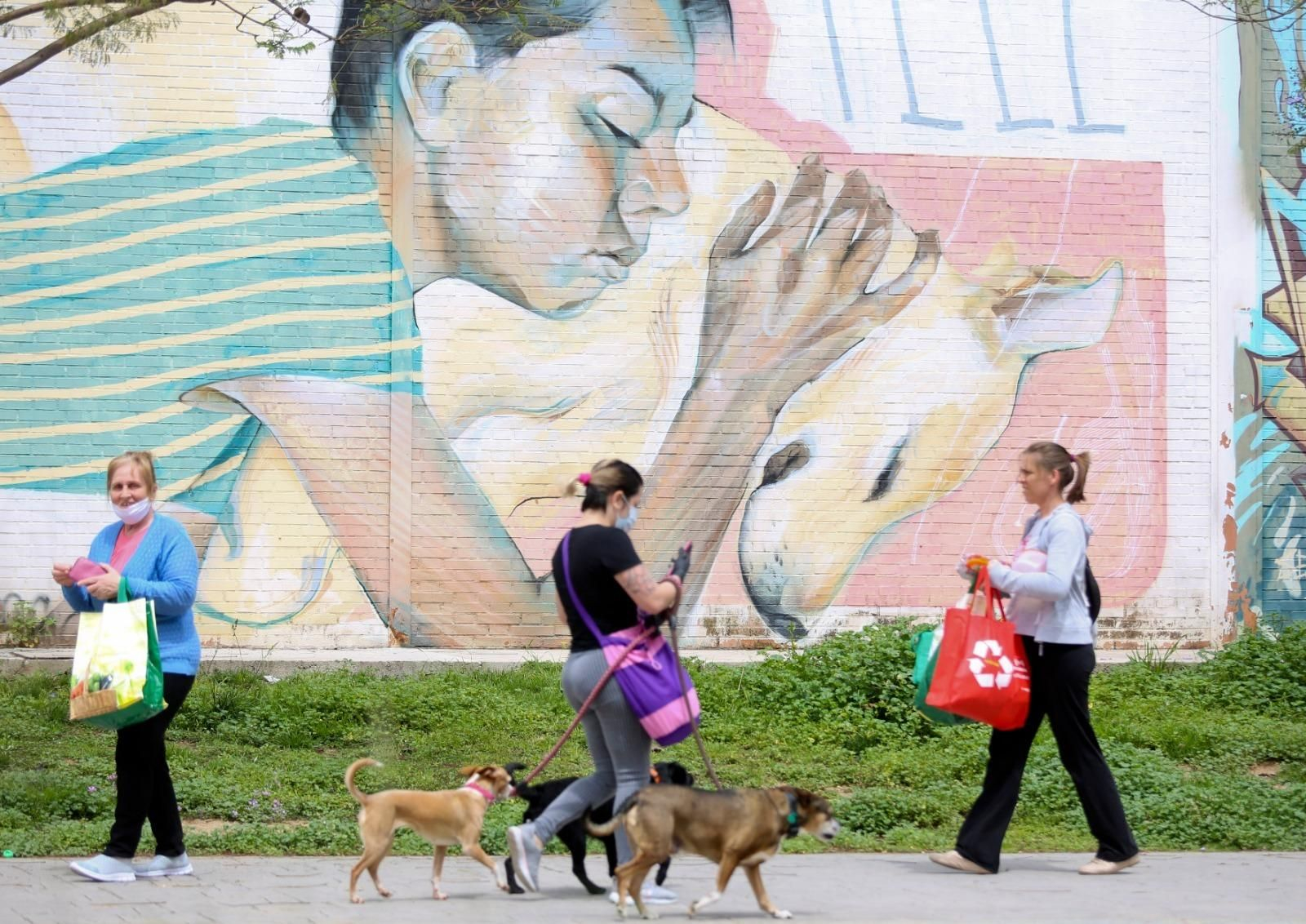Una mujer pasea a tres perros durante el confinamiento.