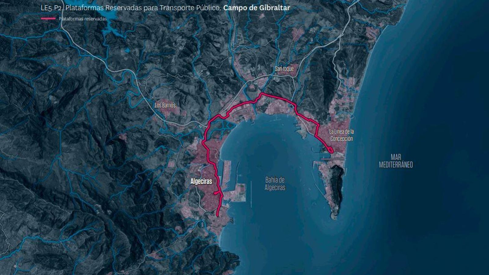 La plataforma reservada para el Bus Rapid Transit en la bahía de Algeciras. La plataforma reservada para el Bus Rapid Transit en la bahía de Algeciras.