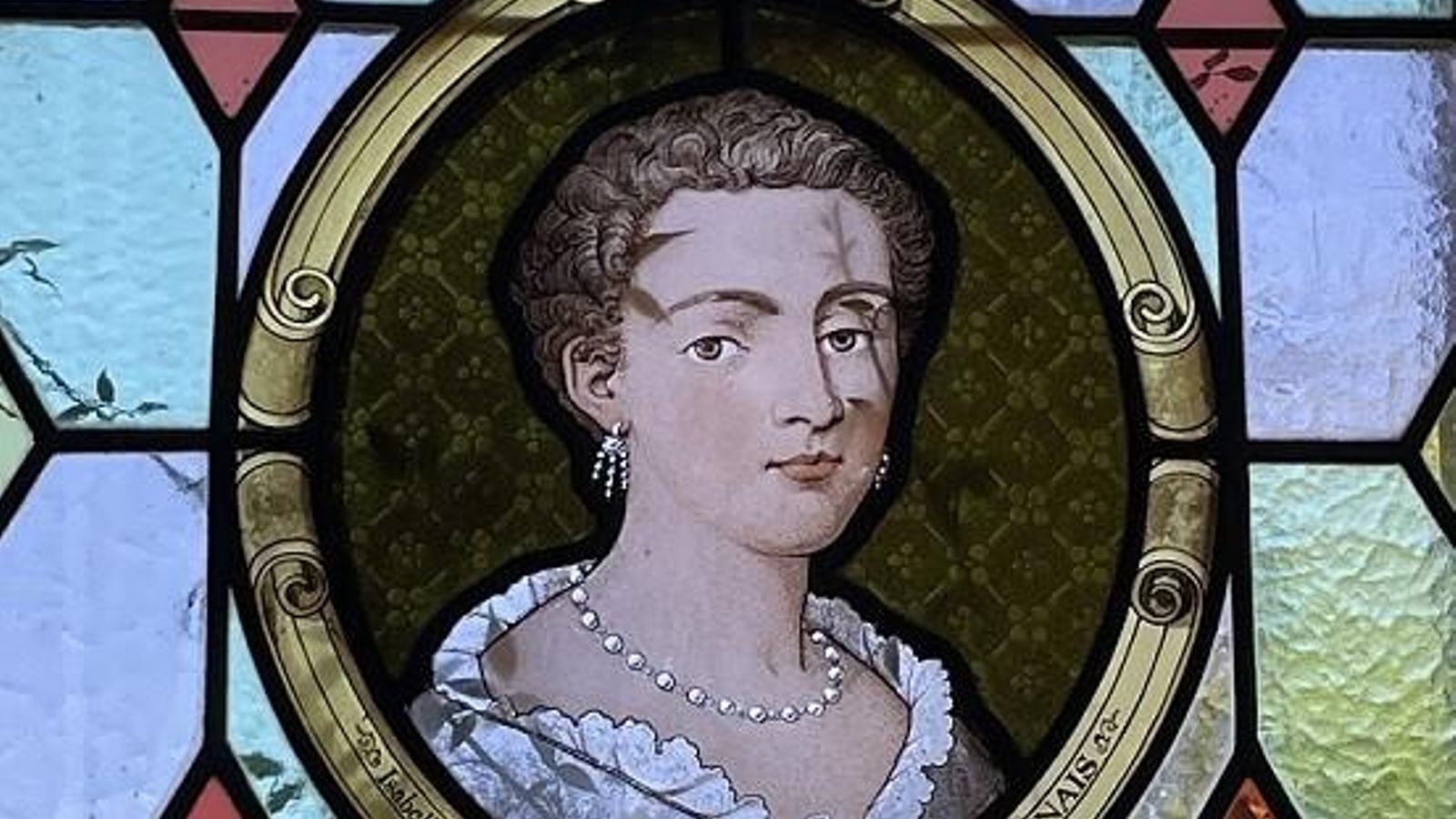Vidriera con el rostro de Isabel Gramesón en el castillo d´Igny, en Francia.