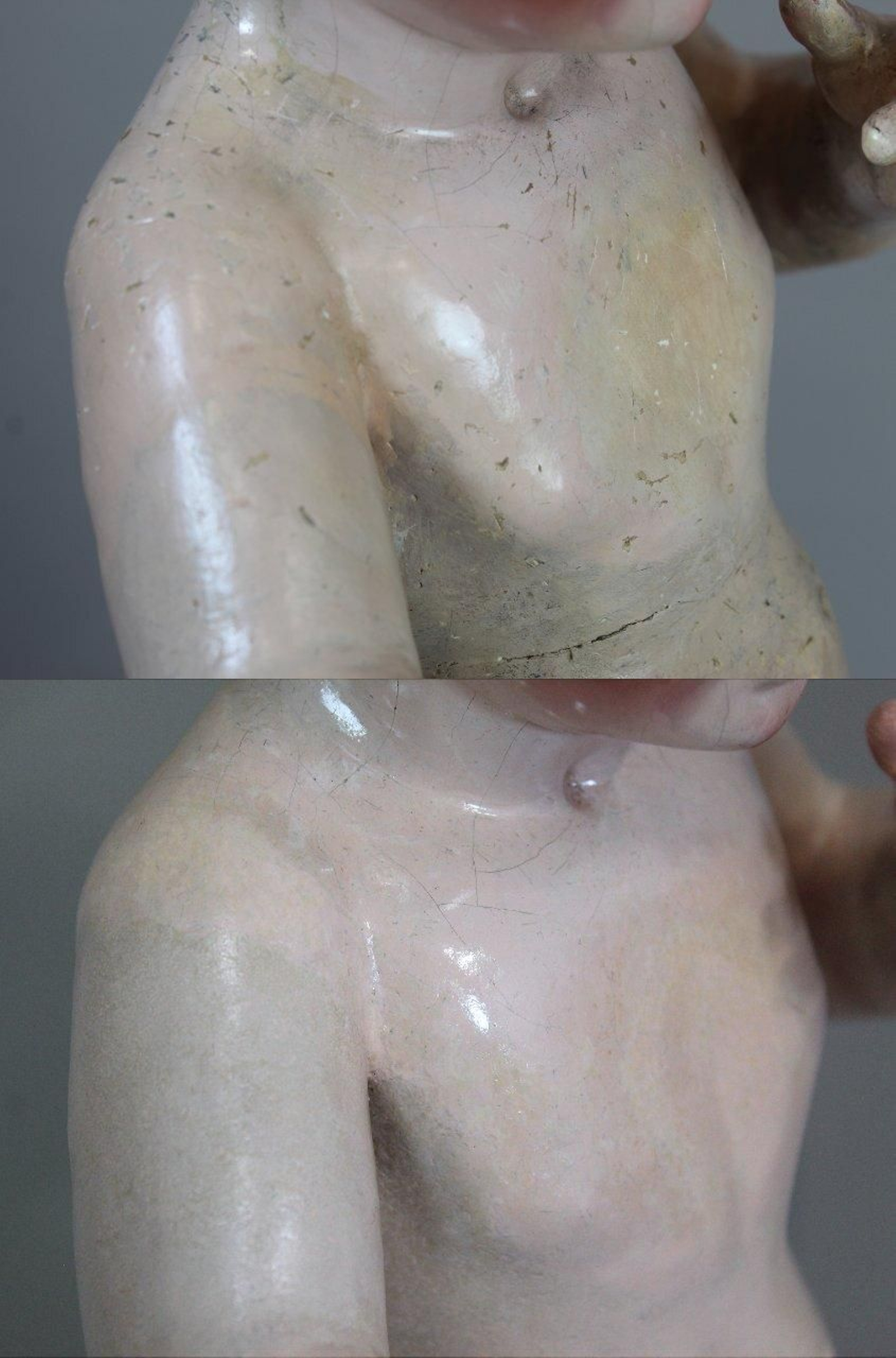 En el centro del pecho se observa esa zona transformada para acoger el Sagrado Corazón