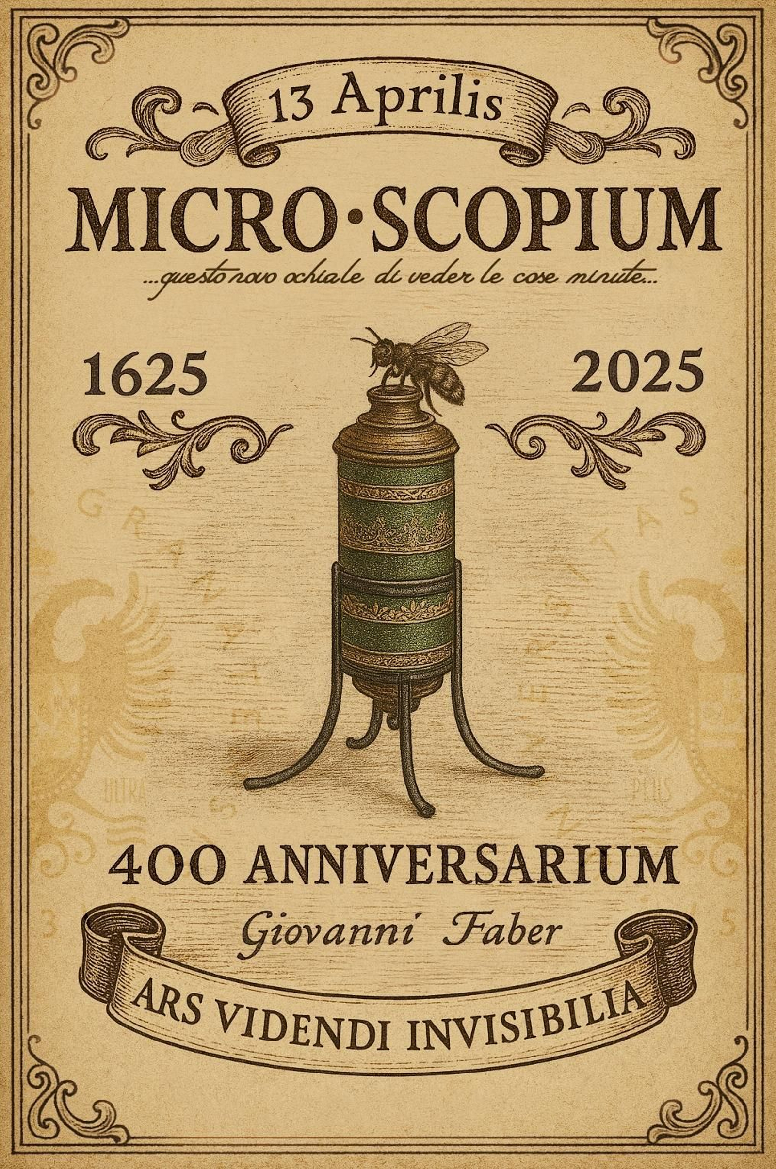 Cartel conmemorativo por el cuarto centenario de la acuñación de la palabra ‘microscopio’.