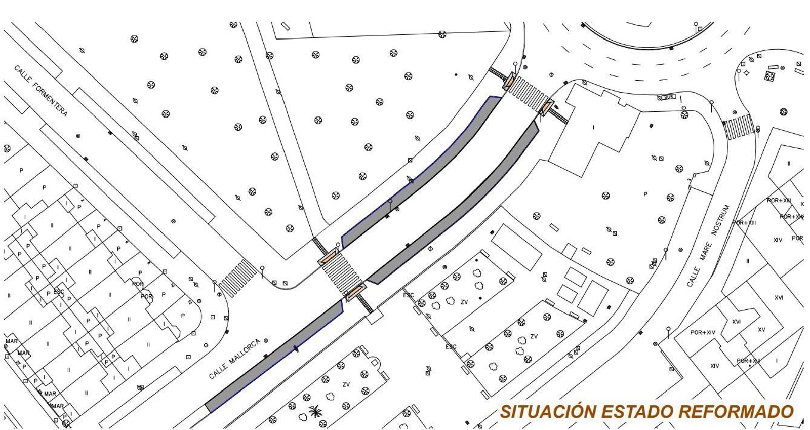 Plano de la zona en la que se intervendrá, con la nueva área de aparcamiento en gris.