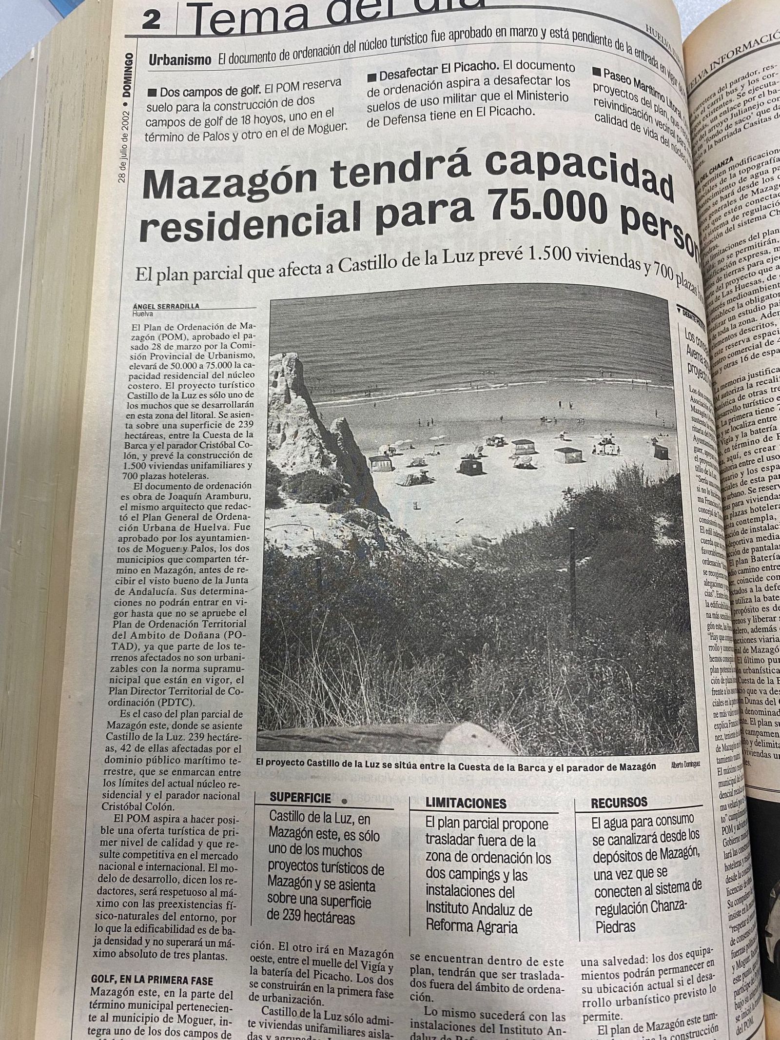 Noticia de 2002 sobre el Plan de Ordenación de Mazagón