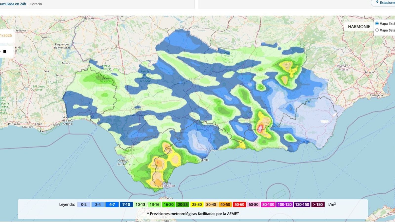 Mapa de precipitaciones esperadas para este miércoles 21 de enero en Andalucía.