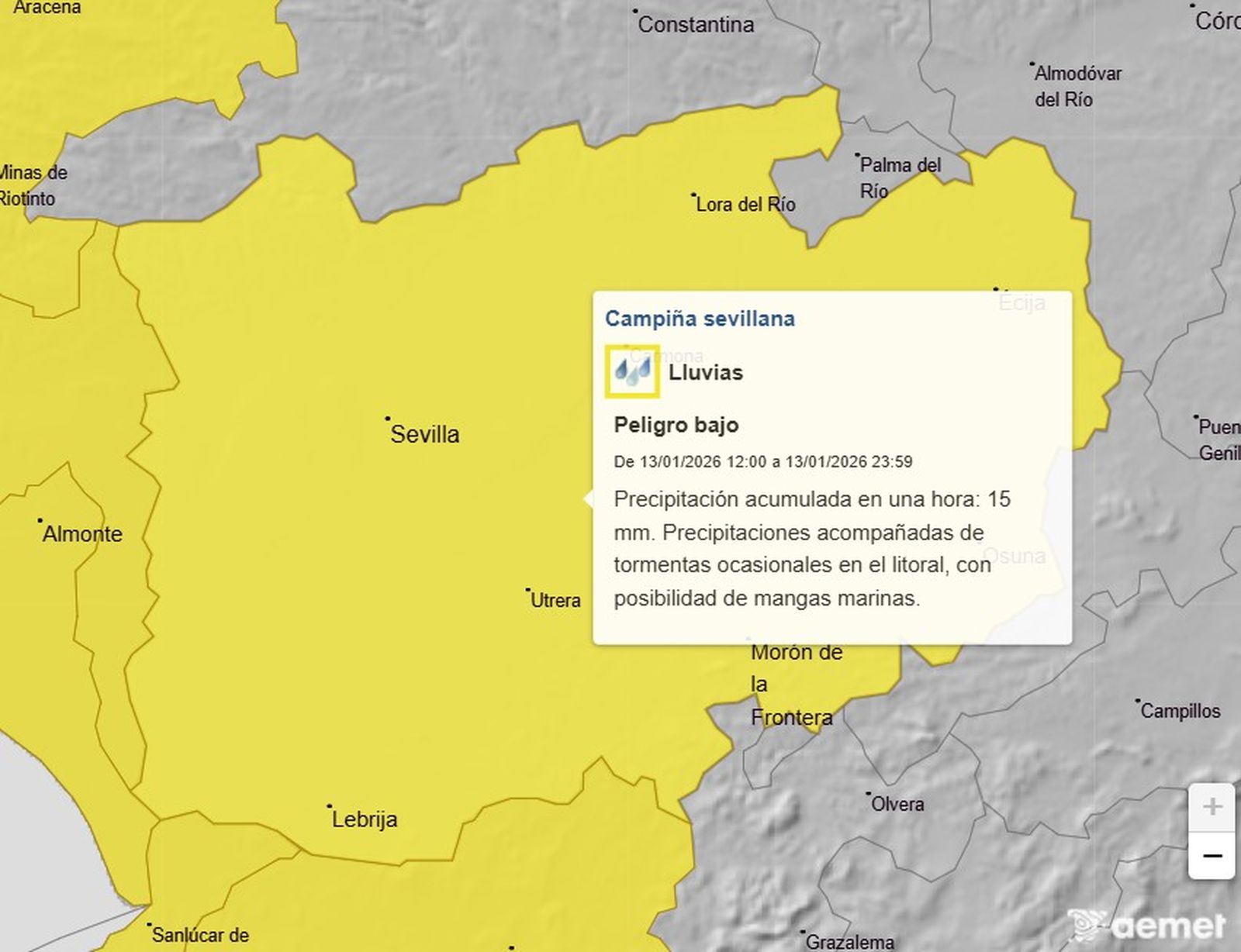 Aviso amarillo por lluvias en Sevilla este martes