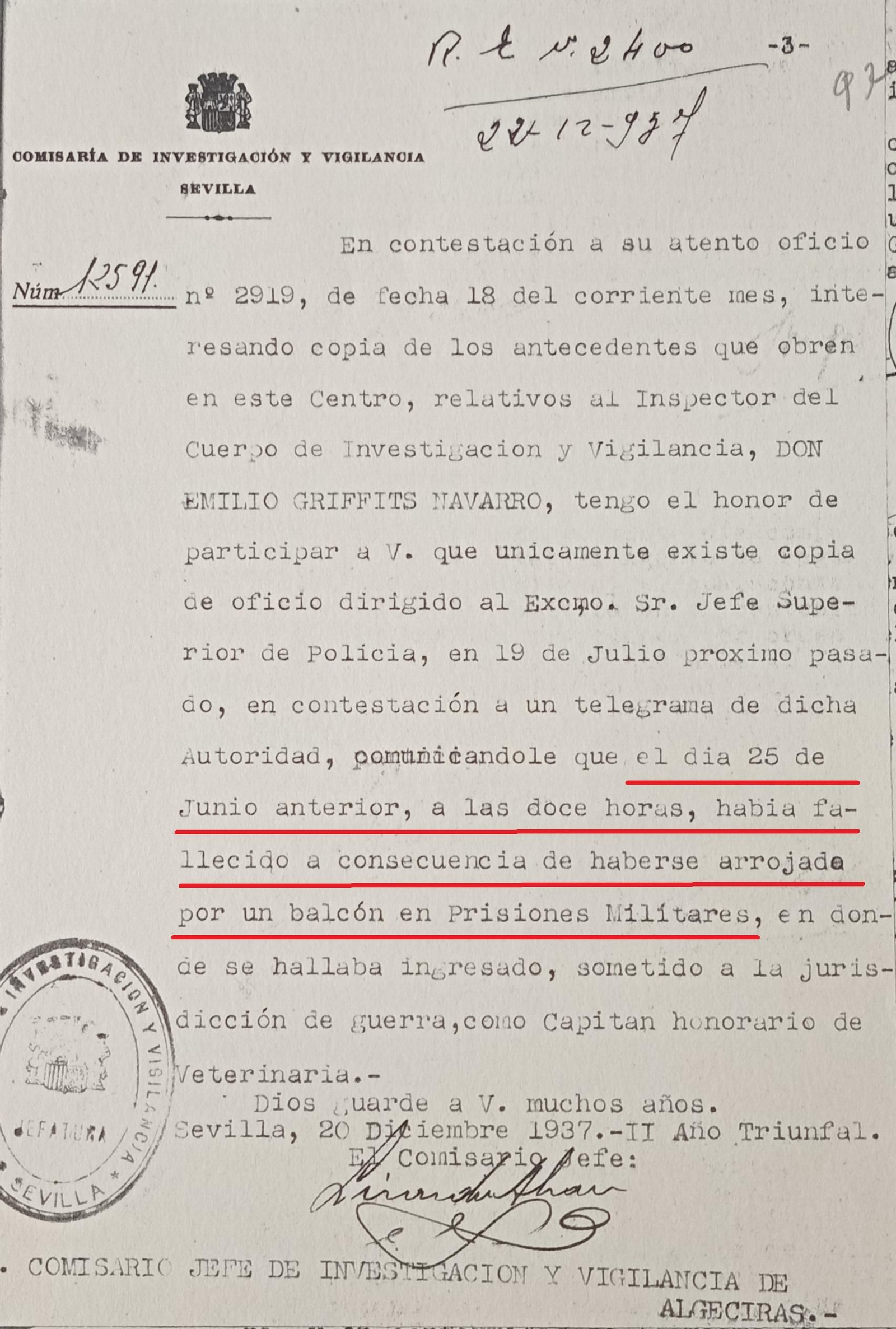 Documento de la comisaría de investigación y vigilancia de Sevilla, subrayado la causa de la muerte de Griffiths.
