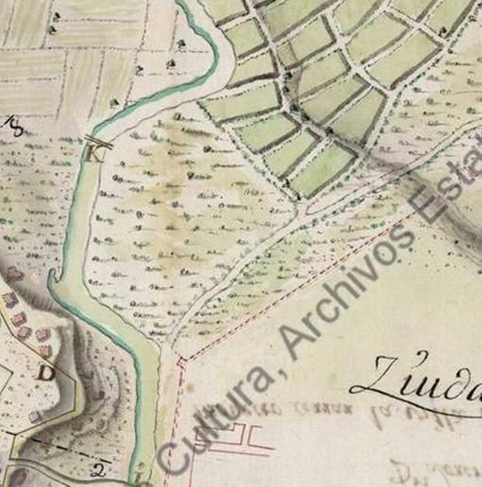 Vemos la Huerta del Ancla como llanura entre el río, las murallas y las huertas de la Vega. Vemos la Huerta del Ancla como llanura entre el río, las murallas y las huertas de la Vega.