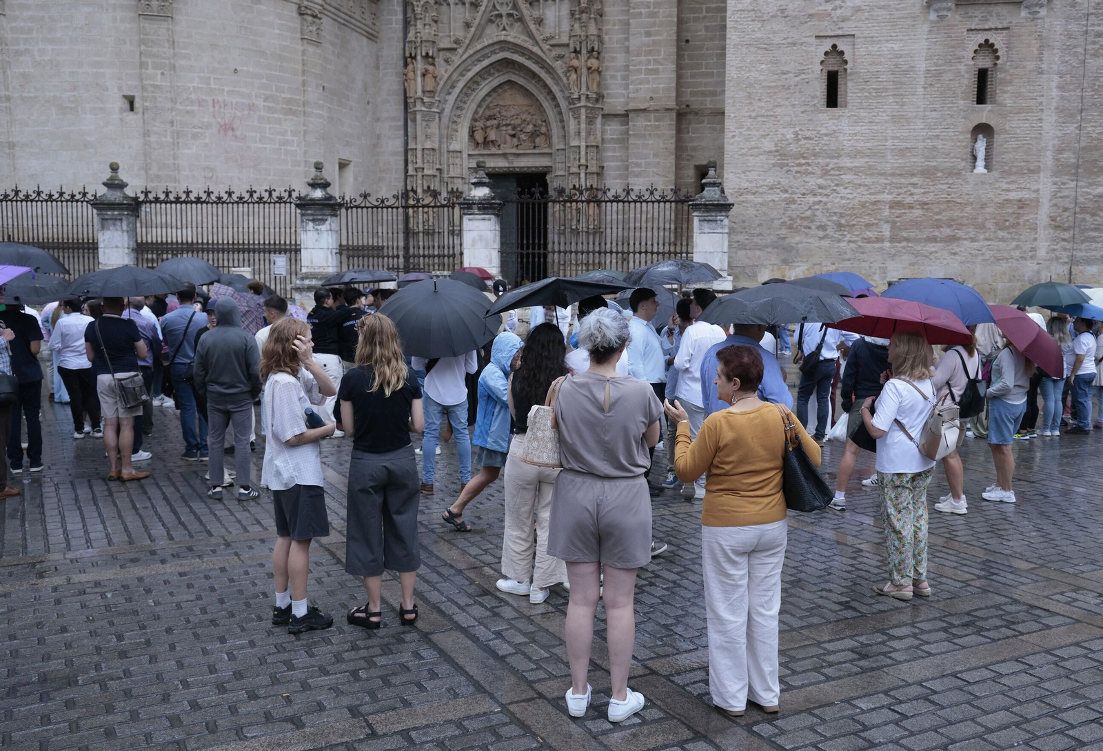 Tarde dominical de lluvia en la Plaza de la Virgen de los Reyes.