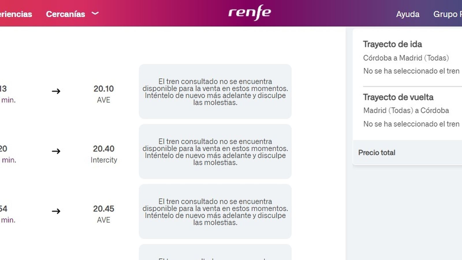 Captura de pantalla con la web de Renfe.