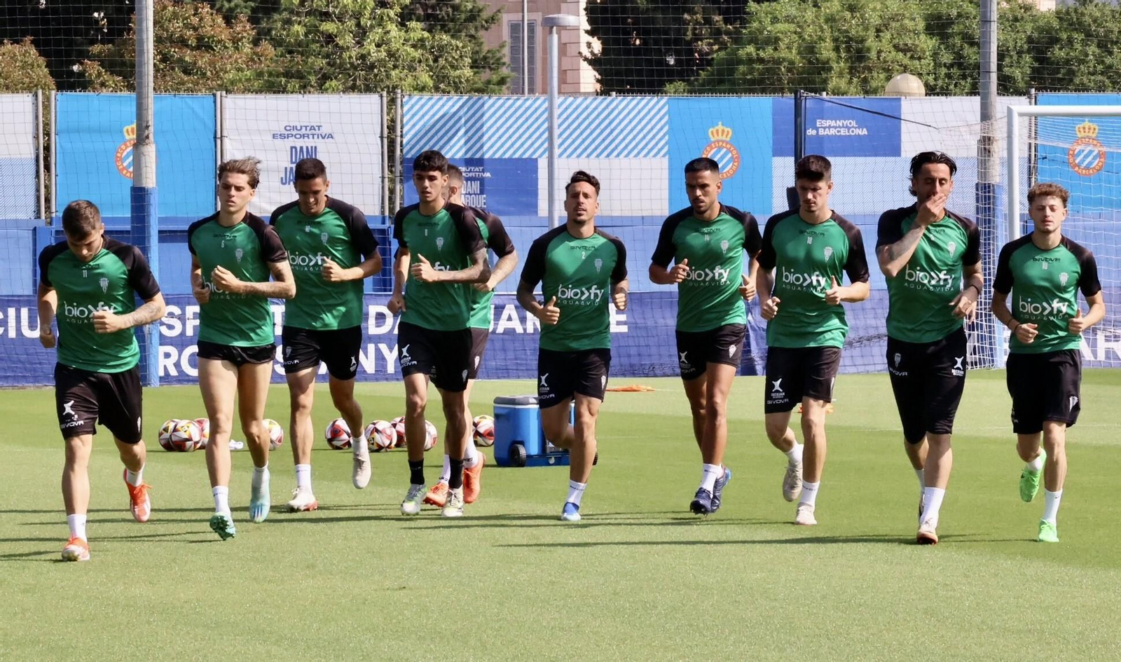 Los jugadores del Córdoba CF se ejercitan este lunes en las instalaciones del Espanyol. Los jugadores del Córdoba CF se ejercitan este lunes en las instalaciones del Espanyol.