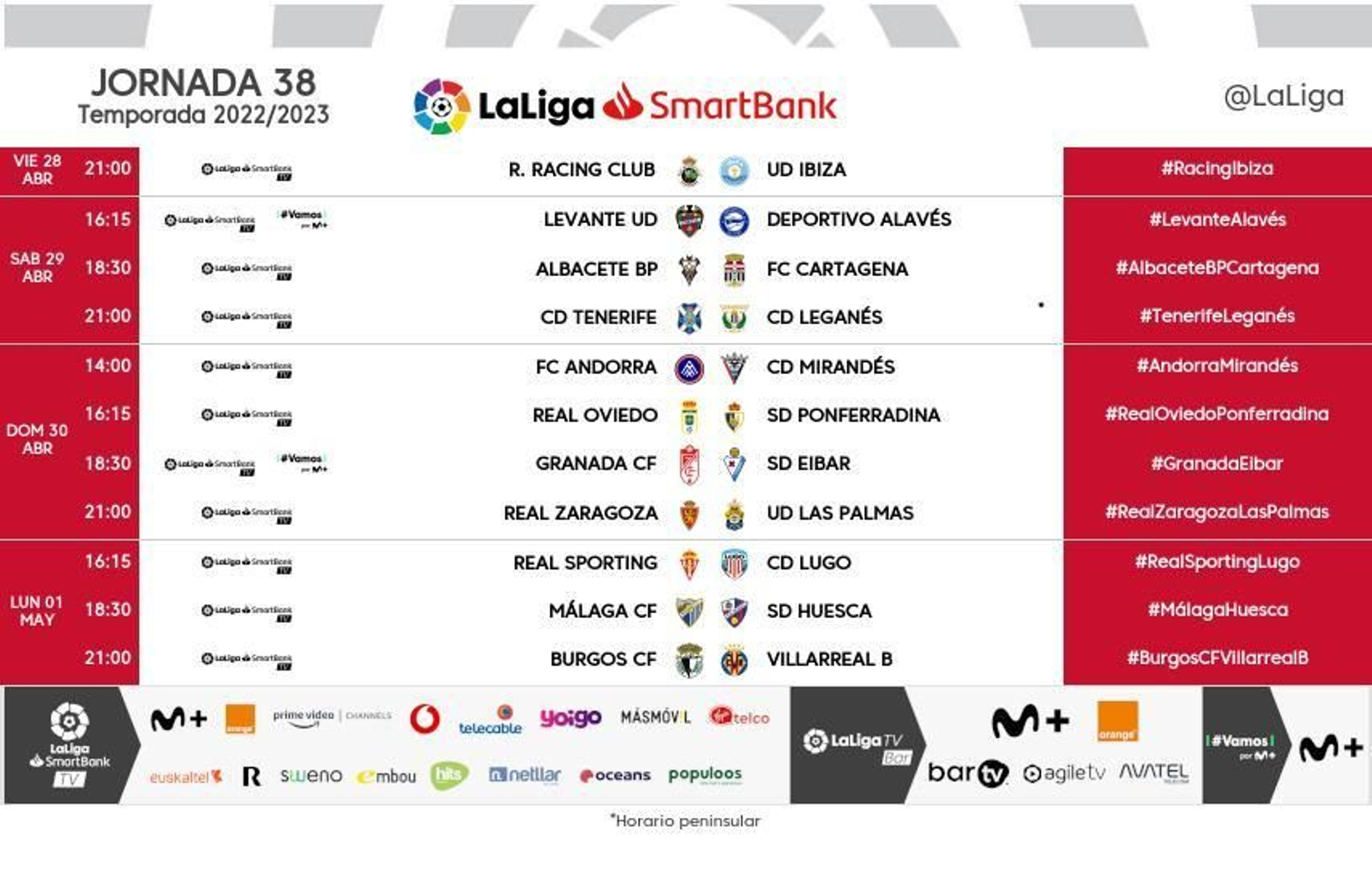 Horarios de la jornada 38 de Segunda División: Málaga CF - Huesca