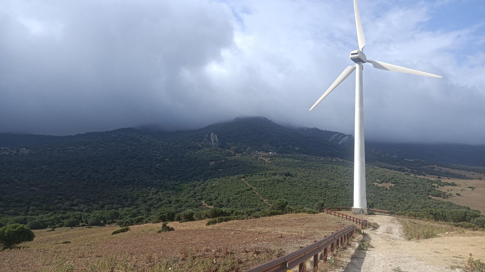 Un aerogenerador con la Sierra de la Plata detrás.