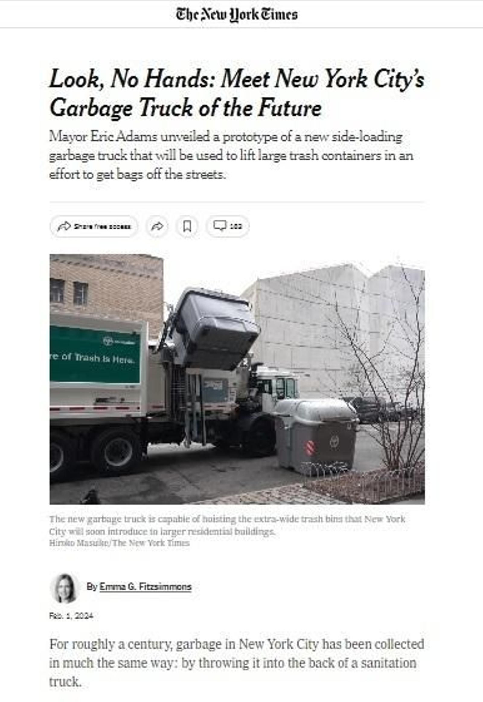 Noticia de 'The New York Times' sobre los nuevos camiones de carga lateral. Noticia de 'The New York Times' sobre los nuevos camiones de carga lateral.