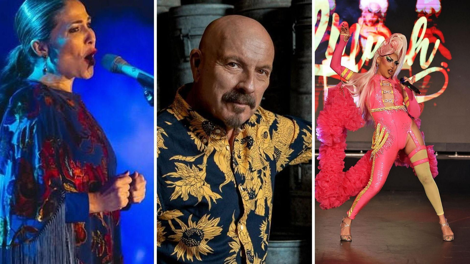 Macarena de la Torre, Javier Ruibal y una edición anterior de la gala drag en Huelva.