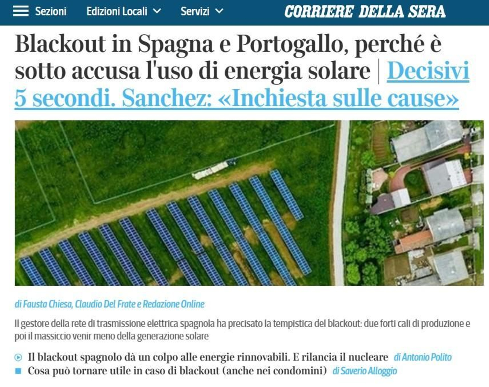 Seguimiento en directo de Corriere della Sera del apagón en España