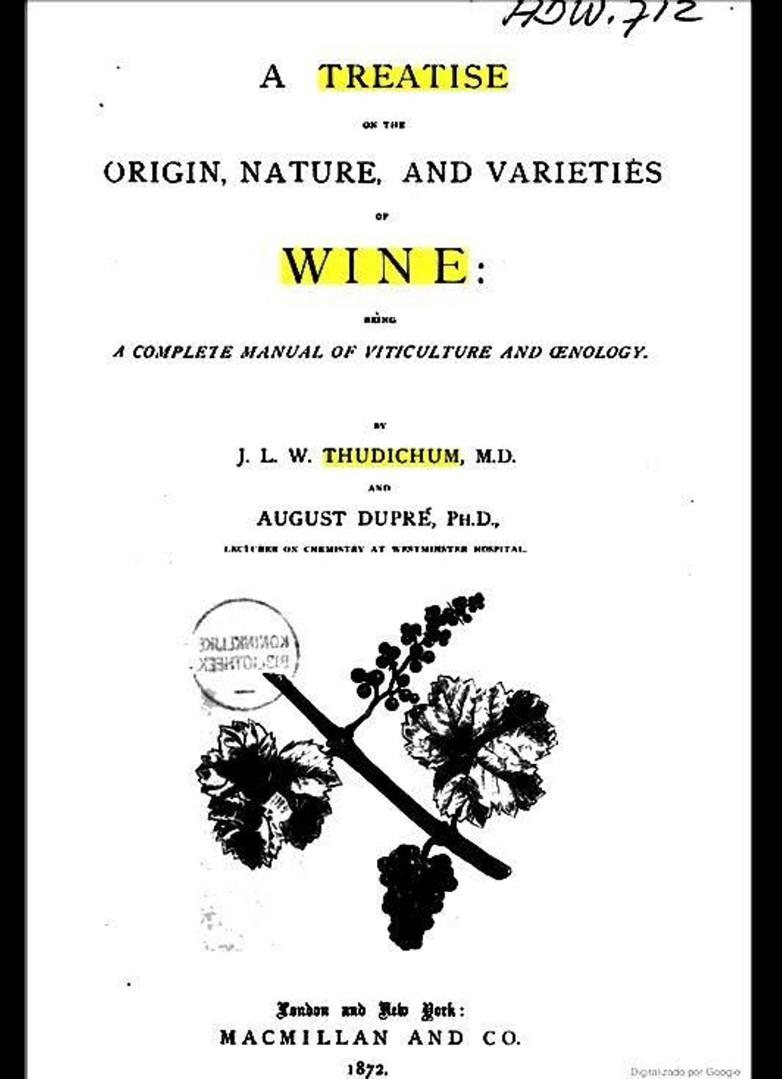 Portada del libro escrito por Thudichum en 1872.