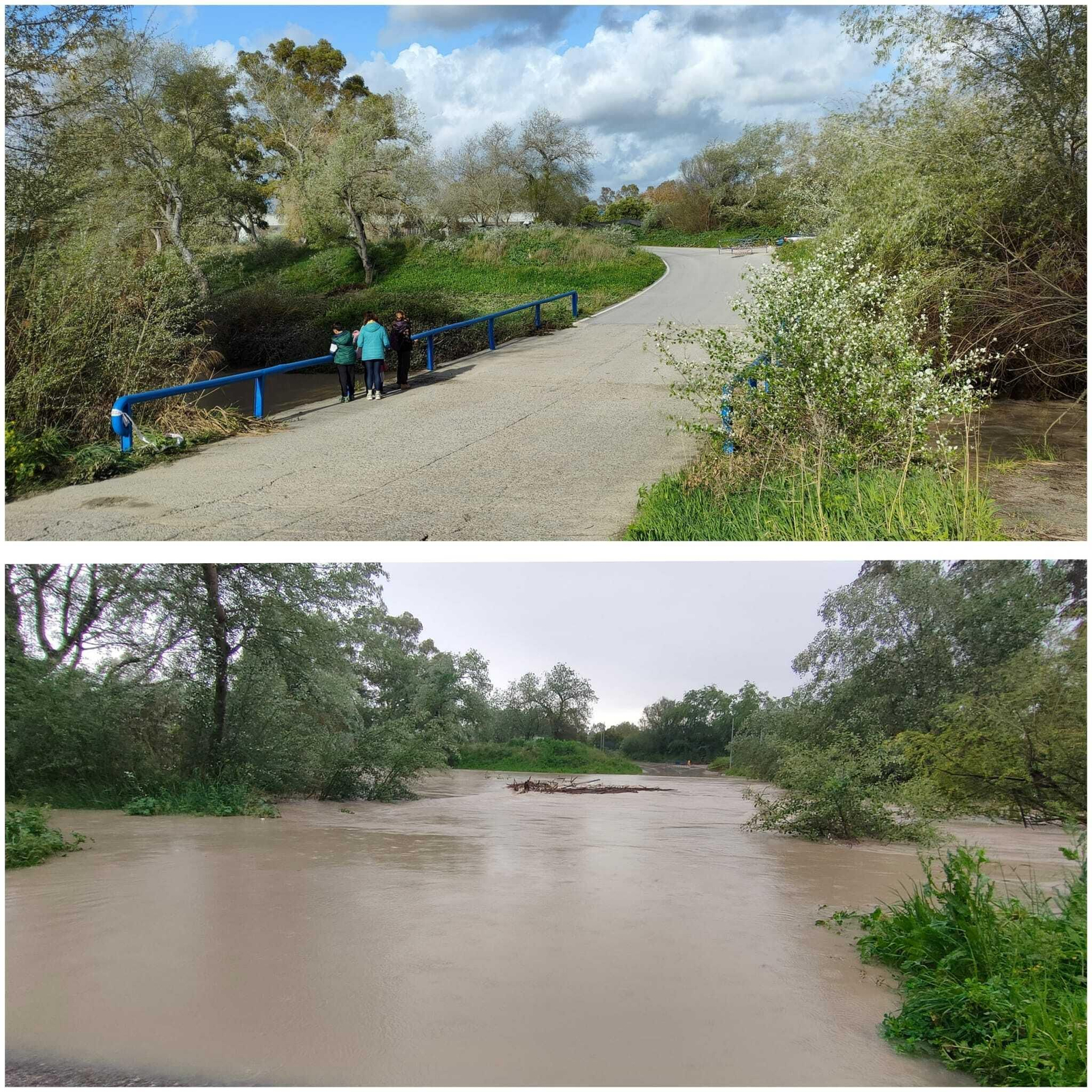 En la imagen superior, el Puente Chico a mediados de marzo; abajo, el Puente Chico, este domingo 31 de marzo, ya cubierto por el agua.