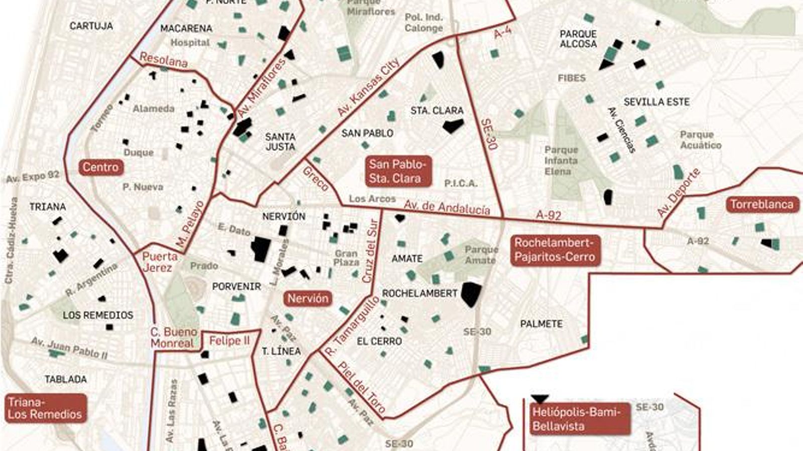 PULSE PARA AMPLIAR. Mapa de Sevilla con las áreas de influencia de centros educativos para el curso 2020-2021.