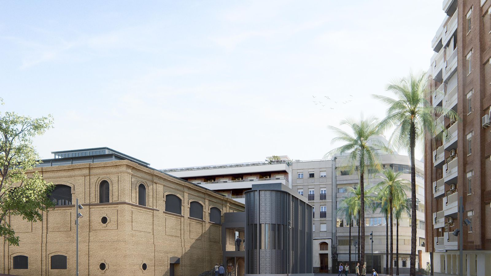 Recreación del edificio tras la reforma, con el nuevo anexo en la plaza Dos de Mayo.