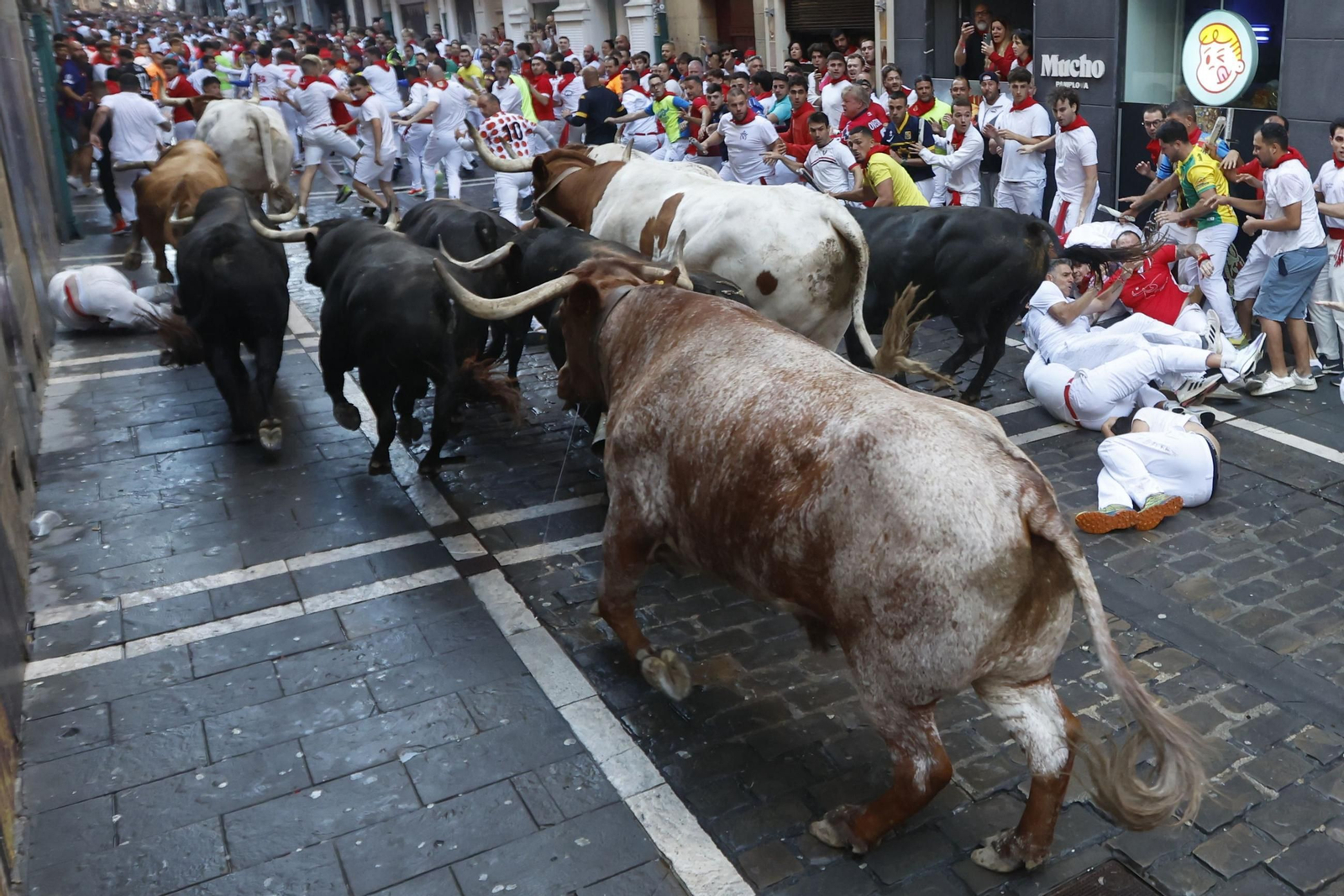 La bravura de Tarifa se hace notar en Pamplona: tres heridos en un encierro con toros de La Palmosilla