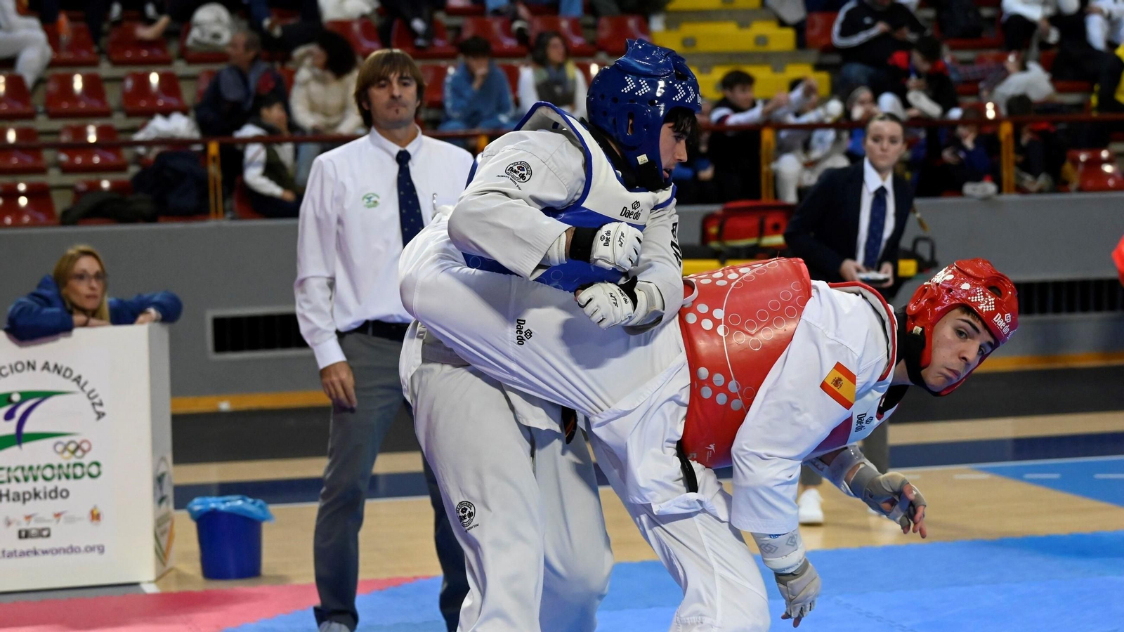 Dos taekwondistas en un combate de la pasada edición del Open Internacional de Andalucía, en Vista Alegre.